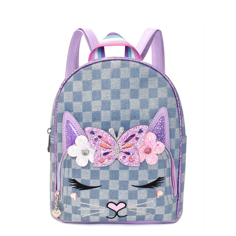 miss bella kitty cat denim checkerboard mini backpack