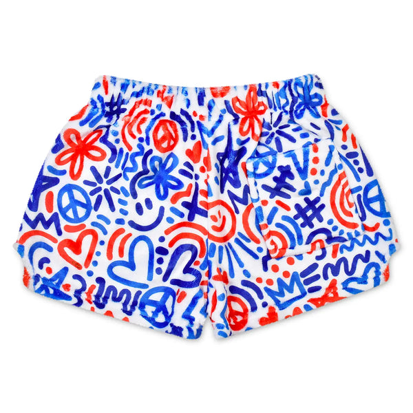 corey paige red white and blue fuzzie shorts
