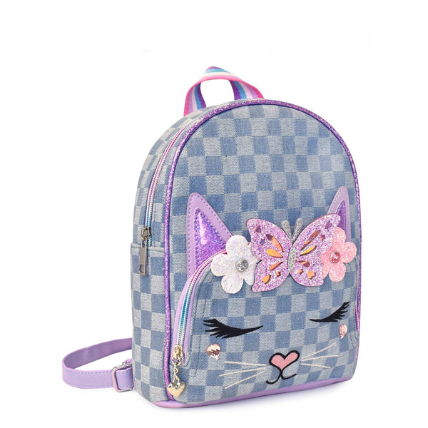 miss bella kitty cat denim checkerboard mini backpack