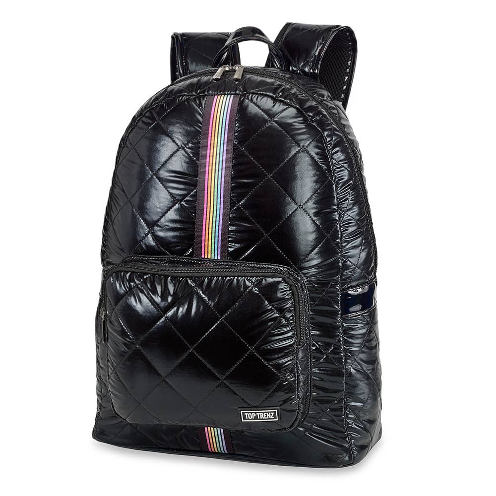 black puffer backpack - rainbow track straps