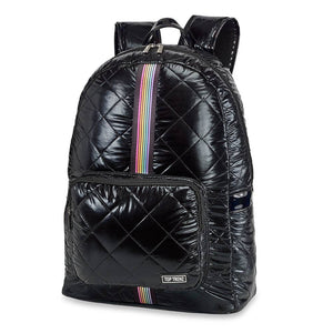 black puffer backpack - rainbow track straps
