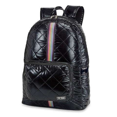black puffer backpack - rainbow track straps