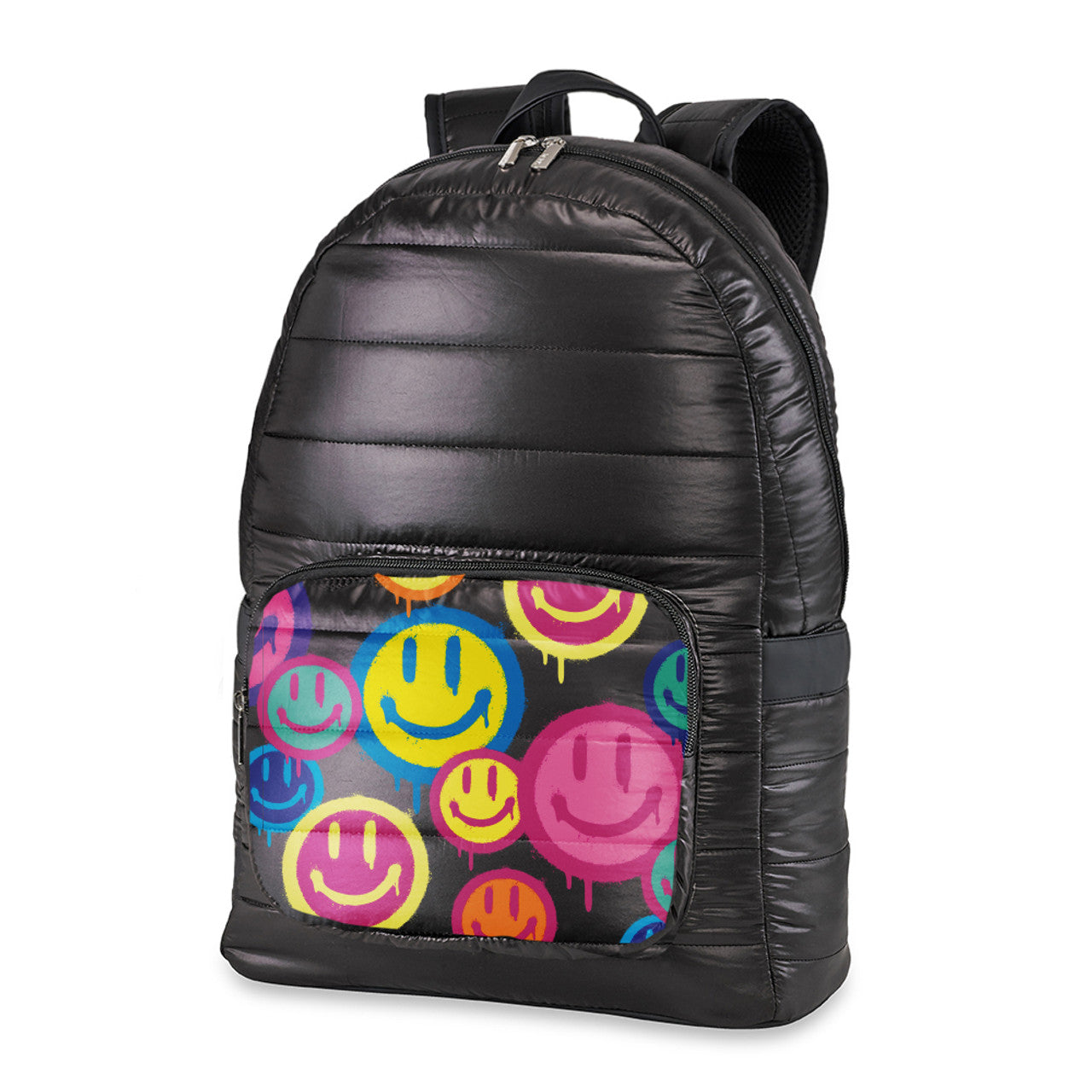 black puffer backpack spray happy pocket