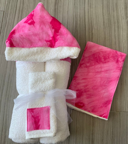 hooded towel with wash cloth and matching burp cloth