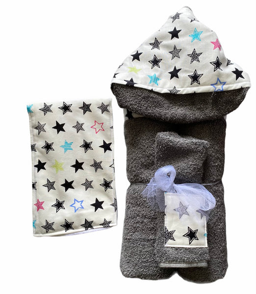 hooded towel with wash cloth and matching burp cloth