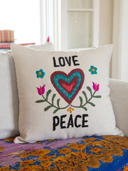 hand embroidered pillow love peace