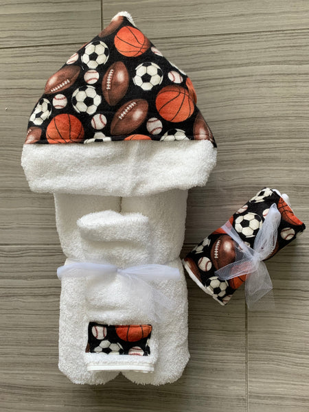 hooded towel with wash cloth and matching burp cloth