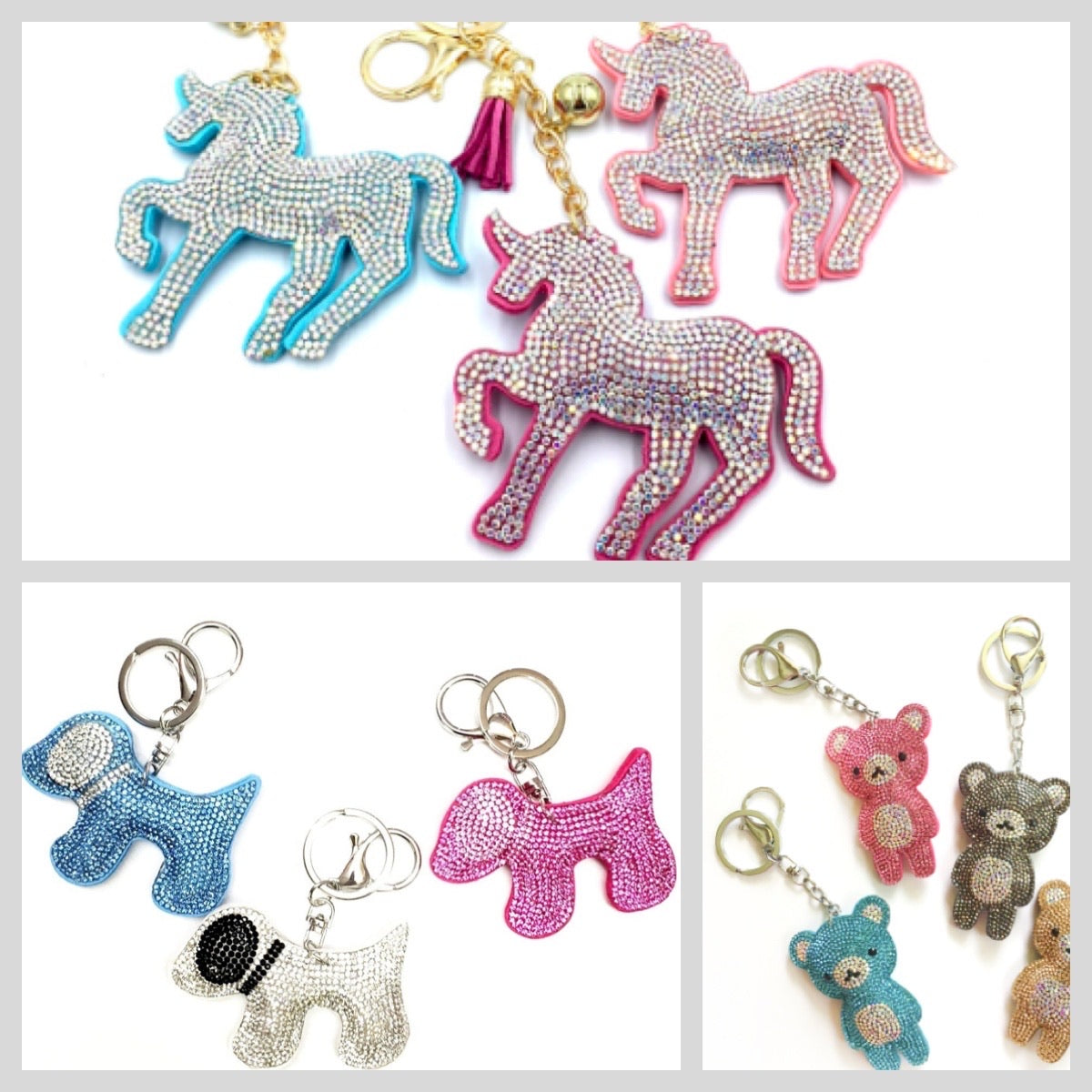 rhinestone keychain - dog, unicorn, bear