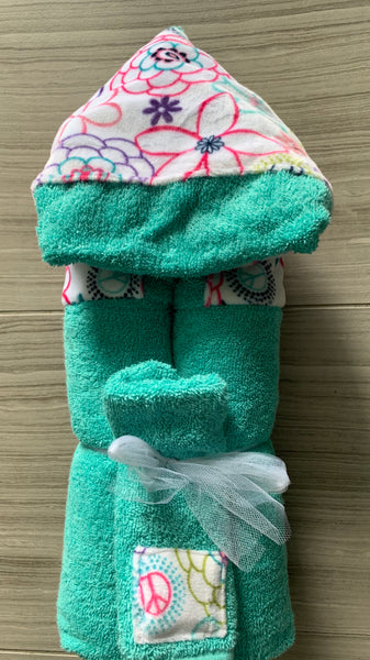 hooded towel with wash cloth and matching burp cloth