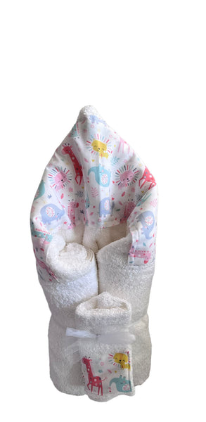 hooded towel with wash cloth and matching burp cloth