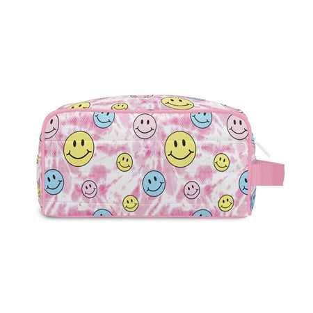 pink tie dye smiley puffer cosmetic bag