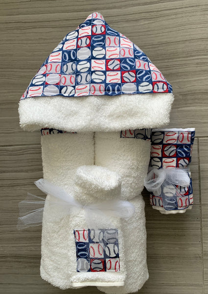 hooded towel with wash cloth and matching burp cloth