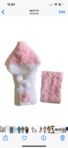 hooded towel with wash cloth and matching burp cloth
