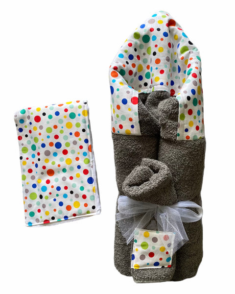 hooded towel with wash cloth and matching burp cloth