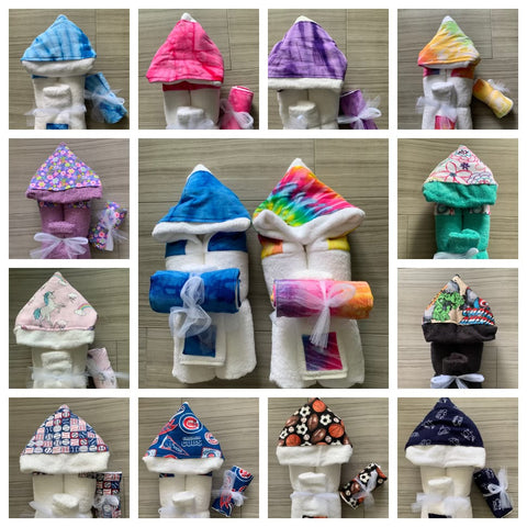 hooded towel with wash cloth and matching burp cloth