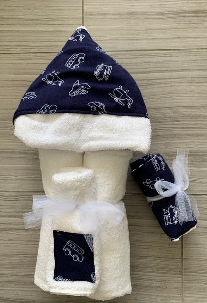 hooded towel with wash cloth and matching burp cloth